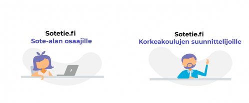 Piirroskuva, jossa nainen ja parrakas mies istuvat pöytien äärellä. Naisella on edessään avattu läppäri ja mies viittaa.